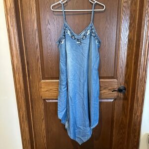 Knox Rose Denim Dress Embroidered V Neck Spaghetti Strap Midi Blue Size L